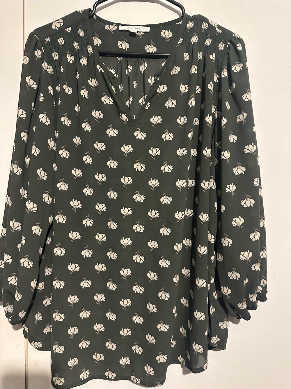 fun 2 fun Olive Green Floral Smocked-Yoke V-Neck Tunic